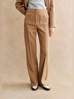 Sezane Dan Trouser camel tan brown wool blend patch pocket wide leg pant 2